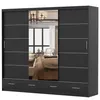 A large, dark gray sliding door wardrobe with a mirrored section, reflecting a bedroom interior with a chandelier and a bed. The wardrobe has three drawers at the bottom. Produktbild-Vorschau