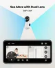 A marketing image showing a dual-lens security camera and its mobile app interface. Produktbild-Vorschau