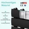 A diagram illustrating the layered construction of a black radiator, highlighting its material properties and certifications. Produktbild-Vorschau