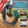 Close-up of a red electric fat tire bike wheel with marketing text and inset images showing different terrains. Produktbild-Vorschau