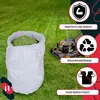 A white bag filled with grass clippings is shown on a lawn next to a lawnmower, with marketing icons and text. Náhled obrázku produktu