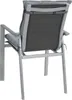 A rear view of a gray outdoor chair with a dark gray mesh back and gray fabric cushions. Produktbild-Vorschau