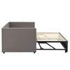 A gray sofa bed with its pull-out mattress frame extended, shown from the side against a white background. Produktbild-Vorschau