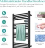 A black electric towel dryer with a green towel draped over it, surrounded by icons and text describing its features. Náhľad obrázku produktu