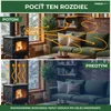 A split image showing a wood-burning stove with and without a fan, illustrating heat distribution in a living room. Anteprima dell’immagine prodotto