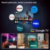A collage of images showcasing various streaming service logos and a person interacting with a smart device and TV. Produktbild-Vorschau