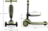 Two views of a green and black Kinderkraft HALLEY 2in1 scooter with dimensions indicated by measurement lines and text. Produktbild-Vorschau