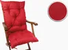 A red cushion on a wooden chair, with a close-up of the fabric texture in a circle. Produktbild-Vorschau