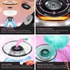 Collage of images showing the assembly, heating, sugar filling, and cotton candy creation process of a cotton candy machine. Produktbild-Vorschau