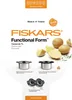 Product packaging for a Fiskars Functional Form Casserole pot, featuring images of potatoes and the pot itself, along with feature descriptions. Produktbild-Vorschau
