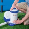 A person is shown installing a pool filter pump next to a blue swimming pool. Voir les images du produit