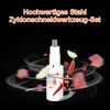 A food chopper with ingredients like chili peppers, garlic, and meat flying around it, with swirling lines indicating motion. Produktbild-Vorschau