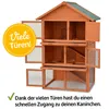 A wooden multi-level rabbit hutch with several doors open, set against a white background. A yellow circular graphic with German text is on the left, and a green checkmark with German text is at the bottom. Produktbild-Vorschau