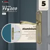 A close-up marketing image of a bronze-colored door handle set against a dark gray and white background, with text highlighting product features and warranty. Produktbild-Vorschau