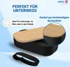 A black lunchbox with a wooden lid, shown with a black elastic strap. Text overlays describe its features and benefits. Produktbild-Vorschau