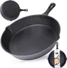 A black cast iron frying pan is displayed from multiple angles against a white background. A smaller inset image shows the pan with food inside, and another inset shows the pan from a top-down view. Produktbild-Vorschau