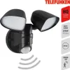 A black outdoor LED floodlight with a motion sensor, presented against a white background with marketing information on the right. Produktbild-Vorschau