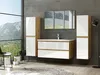 A modern bathroom vanity set with a large window overlooking a mountainous landscape. Produktbild-Vorschau