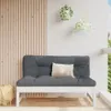 A modern outdoor sofa with a gray cushion and white frame, set against a slatted wooden wall and a white wall with hanging plants. Produktbild-Vorschau