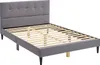 A grey upholstered bed frame with a wooden slat mattress support, shown from a side angle against a white background. Voir les images du produit