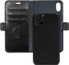 A black leather wallet-style phone case is shown open, with the phone inside. Anteprima dell’immagine prodotto