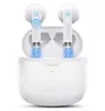 A pair of white wireless earbuds in their charging case, with blue light effects indicating charging or connection. Produktbild-Vorschau