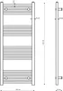 Technical drawing of a black radiator with dimensions and specifications. Podgląd zdjęcia produktu