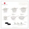A marketing image showcasing a collection of kitchenware, including pots, pans, and utensils, with detailed labels and measurements. Produktbild-Vorschau