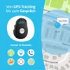 A marketing image for a GPS tracker, showing the device and a map interface with features highlighted. Produktbild-Vorschau