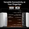 A diagram showing the ports and features of a computer docking station or mini PC. Produktbild-Vorschau