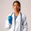 A woman wearing a doctor's coat and gloves, holding a stethoscope. Produktbild-Vorschau