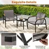 A patio set with two chairs and a small table, set on a rug outdoors with a hedge in the background. Close-up shots highlight product features. Podgląd zdjęcia produktu