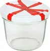 A clear glass jar with a white lid decorated with a red ribbon pattern. Náhled obrázku produktu