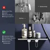 A collage of images showcasing a shower system and its features, including a close-up of the showerhead and a shelf with toiletries. Podgląd zdjęcia produktu