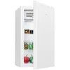 A white Bomann refrigerator with its door open, showing shelves with jars of food and two bell peppers. Produktbild-Vorschau