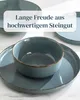 A close-up shot of blue stoneware bowls and plates, with text overlay. Produktbild-Vorschau