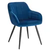 A blue upholstered chair with black metal legs, presented on a white background. Náhľad obrázku produktu