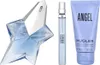 A gift set containing a star-shaped perfume bottle, a travel-sized perfume spray, and a tube of body lotion, all branded 'Angel'. Podgląd zdjęcia produktu