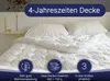 A neatly made bed with a white comforter and pillows, with marketing text and icons overlaid. Produktbild-Vorschau