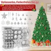 A Christmas tree decorated with ornaments and a set of ornaments in a clear box, with gift boxes at the base of the tree. Voir les images du produit
