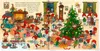 A busy scene of many small gnome-like figures celebrating Christmas around a decorated tree and a fireplace, with gifts and food. Produktbild-Vorschau