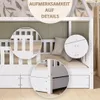 Close-up views of a white wooden bed frame with drawers, highlighting construction details. Produktbild-Vorschau