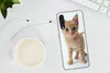 A smartphone case with a kitten image is placed on a white desk next to a cup of coffee and earphones. Produktbild-Vorschau