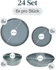 A set of four different sizes of blue-grey ceramic plates and bowls, with dimensions indicated by dashed lines and text. Produktbild-Vorschau