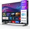 A product shot of a TV with various app icons displayed on its screen and marketing text on the side. Produktbild-Vorschau