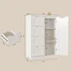 A white bathroom cabinet with drawers and a door, shown with dimensions and a separate drawer. Náhled obrázku produktu