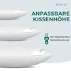 Three white pillows are shown stacked diagonally, with text and icons on the right side of the image. Produktbild-Vorschau