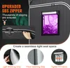 A collage of images showcasing features of a grow tent, including a zipper, a window with plants, and close-ups of light-blocking and seaming strips. Produktbild-Vorschau