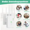 A collage of images showing different uses of a WiFi repeater, with the product itself prominently displayed. Produktbild-Vorschau