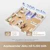 A 3D isometric view of a floor plan showing a robot vacuum cleaner cleaning a house, with text overlays highlighting battery capacity, runtime, and cleaning area. Produktbild-Vorschau